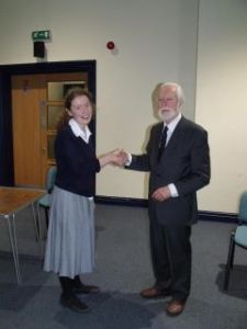 Former Bolton BRanch President and Chairman, Mr David Clayton, with Becky Orr, the winner of the branch heat of  the Great Debate.